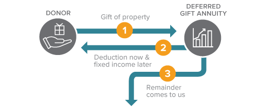 This diagram represents how to make a gift of a deferred gift annuity – a gift that pays you income.